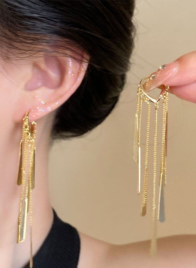 Gold Plated Women's Tassel Earrings - Long Chain with Dainty Bar Pendant - Chic Elegant Versatile for Daily & Special Occasions - Image 1